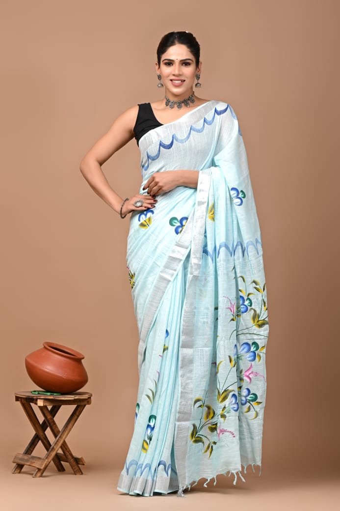 Hand Block Printed Linen Saree with Blouse